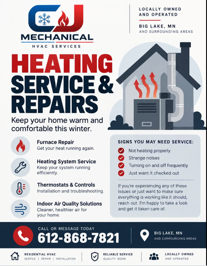 CJ Mechanical HVAC Services heating service and repairs flyer